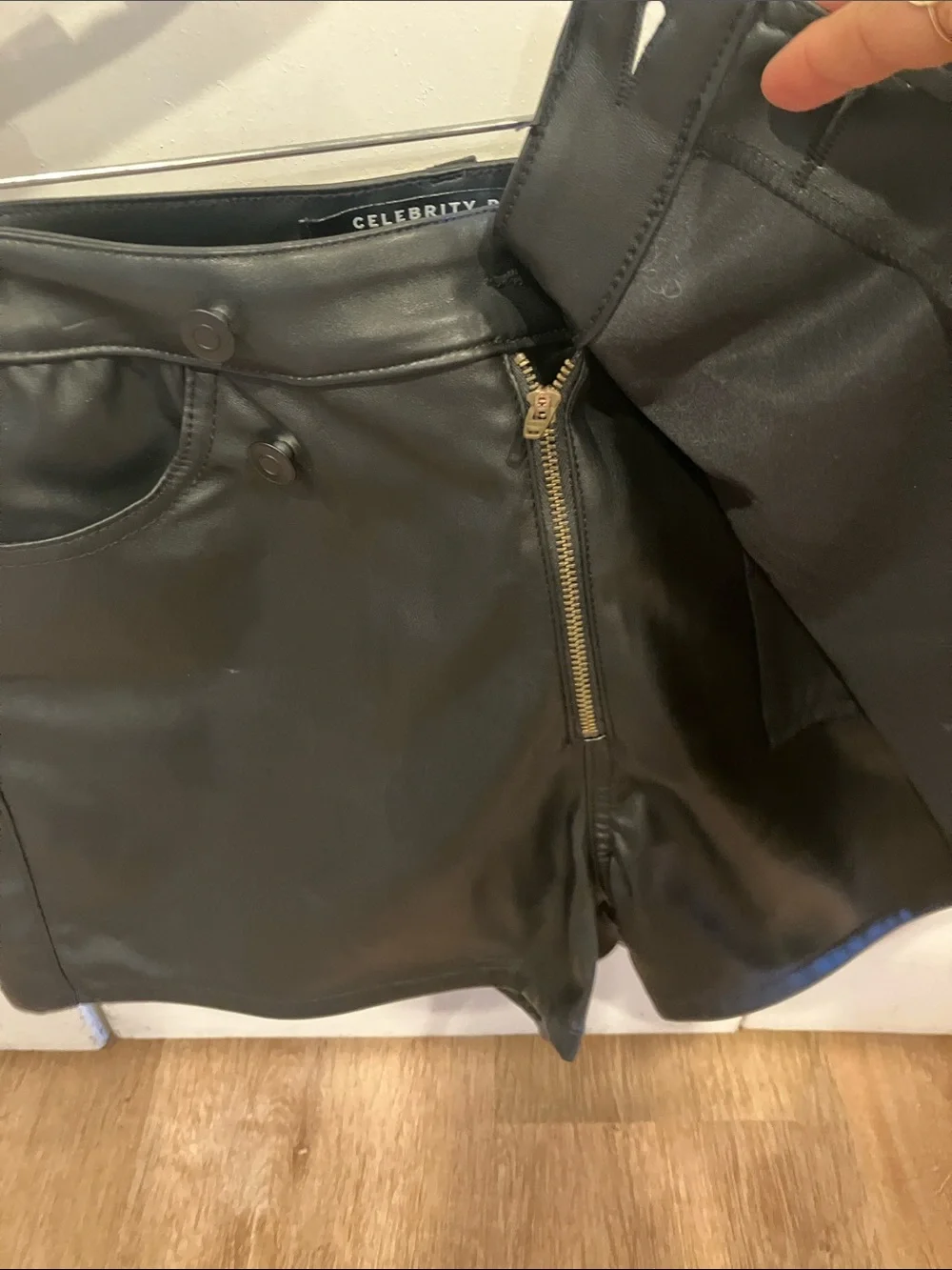 Celebrity Pink Black Faux Leather Mini Skort with Asymmetrical Front